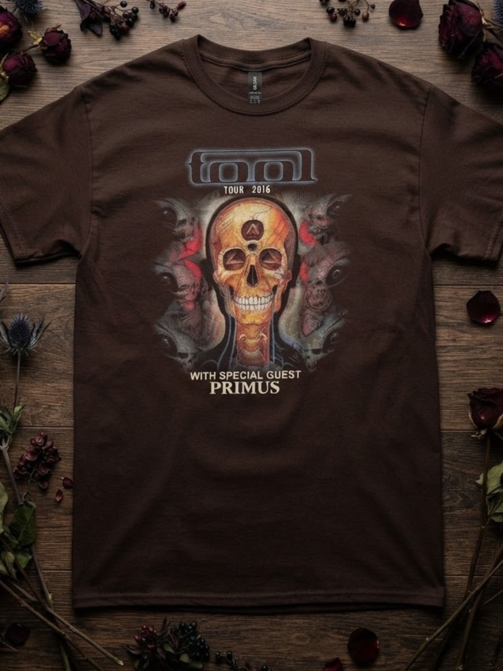 Gildan Brown Tool Tour 2016 Skull Graphic Tee with Primus